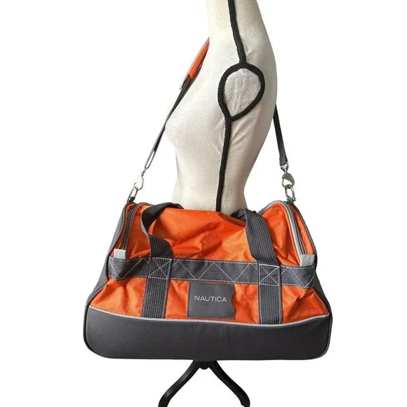 Nautica Dockside Duffle Bag Orange Gray Zipper Close Outer Strap ID Slot CLEAN - Picture 5 of 10